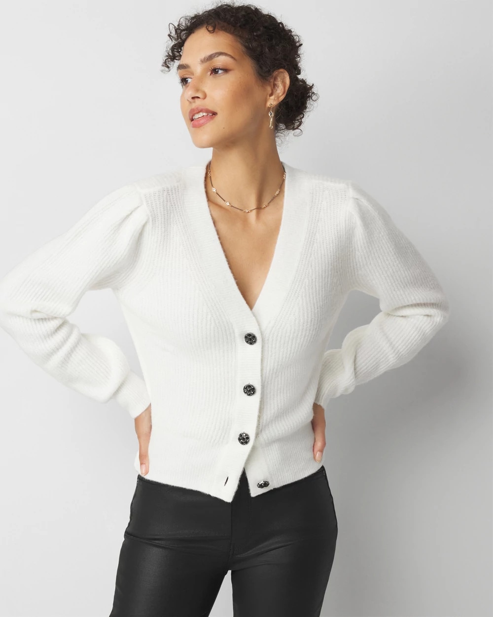 Petite Long Sleeve Jewel Button Cardigan | White House Black Market